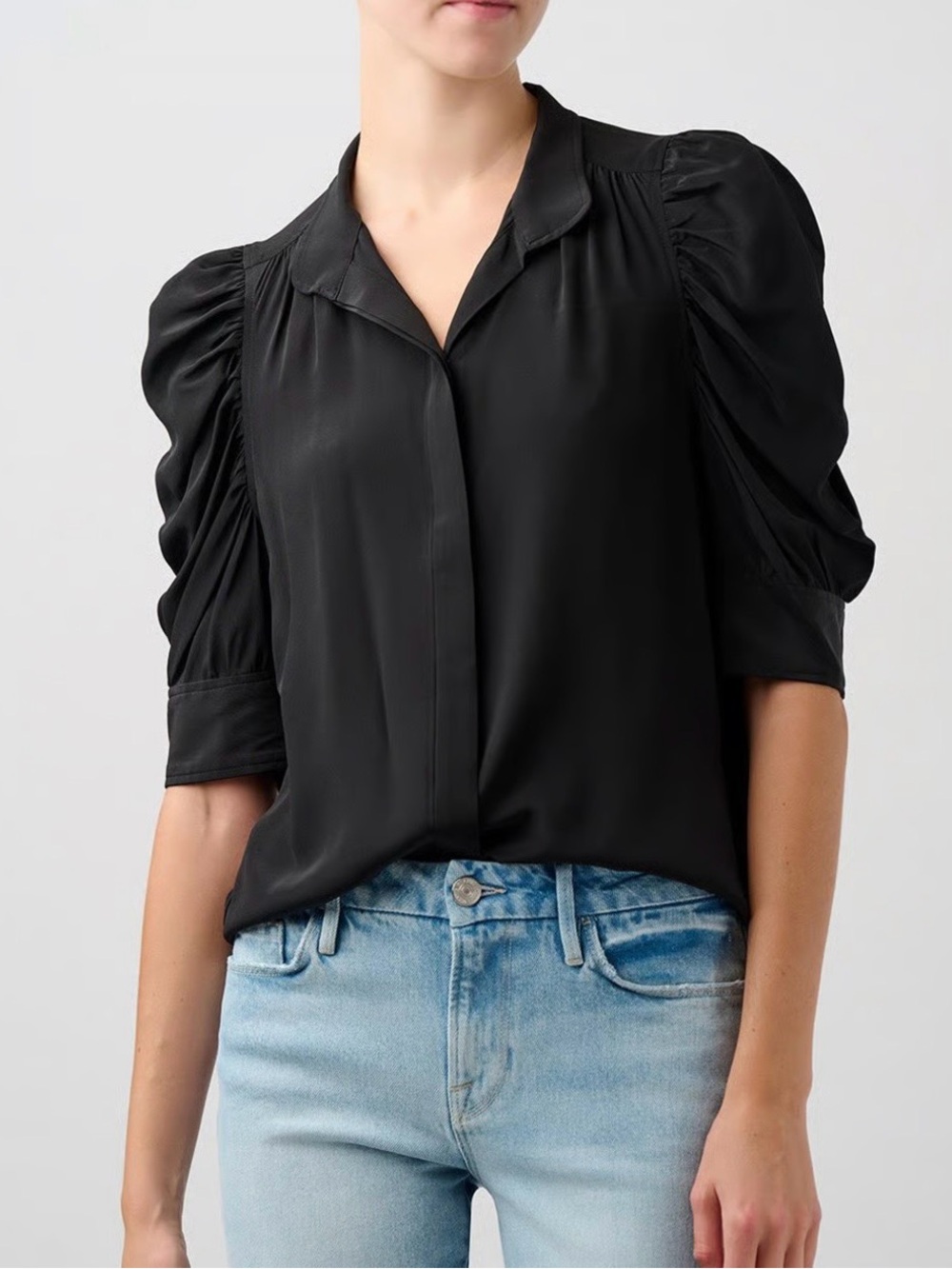 Frame Gillian Sulk Black Puff-Sleeve Blouse